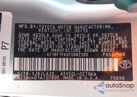 2015 Toyota Camry Xle from USA, damaged, VIN 4T1BF1FK0FU982390